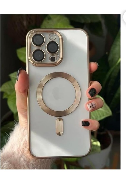 Aks iphone 14 Pro Için Kablosuz Şarj ile Uyumlu, Kamera Lens Korumalı Lazer Kılıf Gold