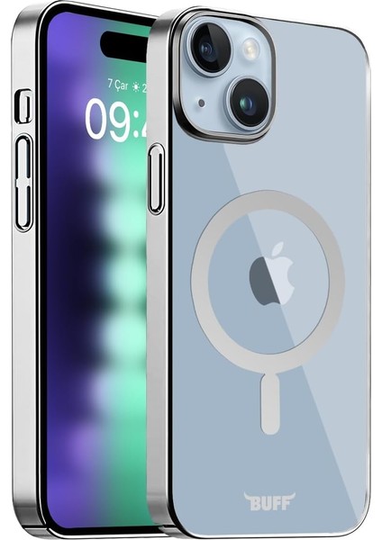 iPhone 15 Plus ile Uyumlu Magsafe Uyumlu Slim Fit Kılıf Kablosuz Şarj Destekleyen Sararmaya Karşı Korumalı Kapak (Gümüş Rengi)