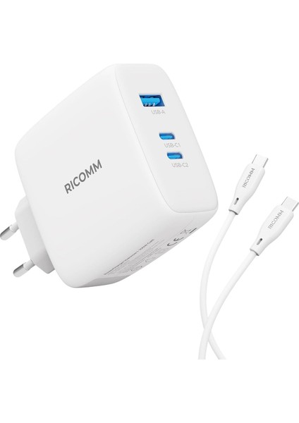 100W Gan 3 Portlu Usb-C + Usb-A Şarj Aleti Qc5.0 Pd Iphone, Ipad, Samsung, Xiaomi, Notebook, Macbook Air Uyumlu Type-C Hızlı Şarj Cihazı + 100W Type-C To Type-C Şarj Kablosu 2 Metre