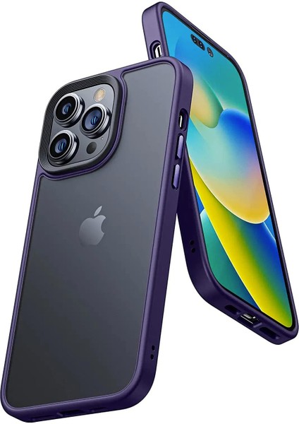 Iphone 14 Pro Max Hybrid Serisi Arkası Karartılmış Mat Polikarbonat Kenarları Darbe Önleyici Silikon Tuşları Metal Alaşım Premium Kılıf (Hybrid Mat - Mor)
