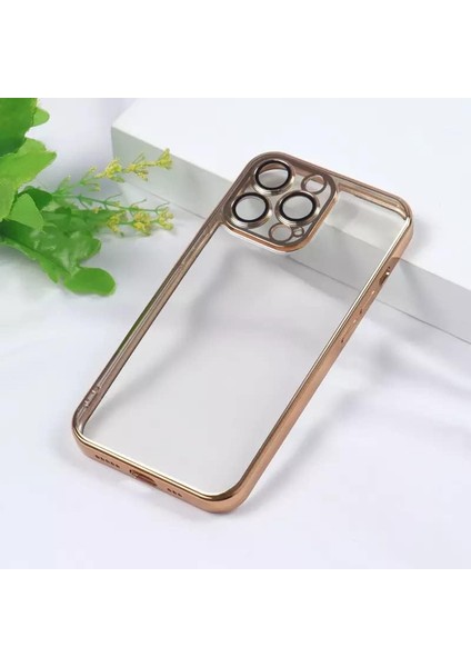 iPhone 12 Pro Max Uyumlu Kenarları Renkli Lazer Kamera Lens Korumalı Lüks Silikon Kılıf (Bronze)