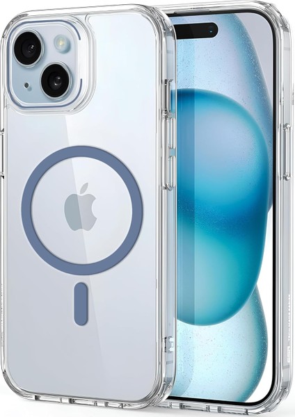 iphone 15 Için Ultimate Serisi Magsafe ile Uyumlu Kesinlikle Sararmayan Ultra Şeffaf Kristal Berraklığında Akrilik Sert Kılıf Metal Tuşlar ve Güçlü Manyetik Premium Kılıf (Mavi)