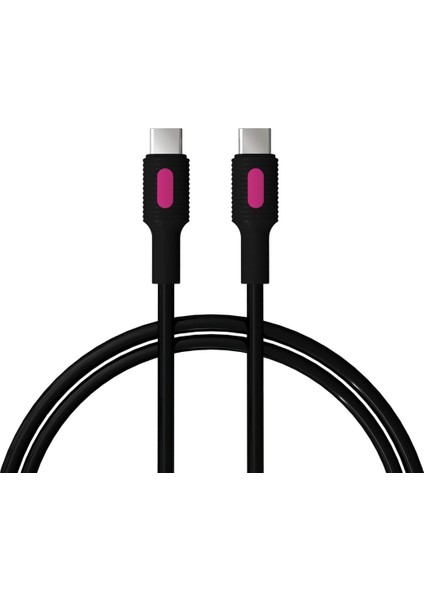 Coral Type C-C Power Delivery Hızlı Şarj Kablosu, Siyah Kablo, Fuşya/siyah Uçlar (120 Cm)