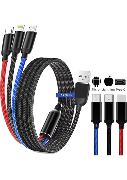 Hızlı Şarj ve Data Aktarım Kablosu, 60W - 3A USB A, Type C (Usb C), Micro Usb, Lightning Uyumlu 3 Ü 1 Arada Çoklu Kablo, Örgülü Siyah 120CM