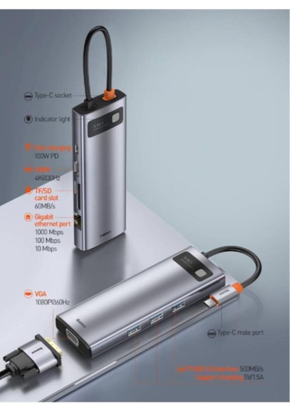 Gleam Series 9in1 Type-C Hdmı RJ45 VGA Sd Pd 100W Type-C Hub Adaptör Çoklayıcı