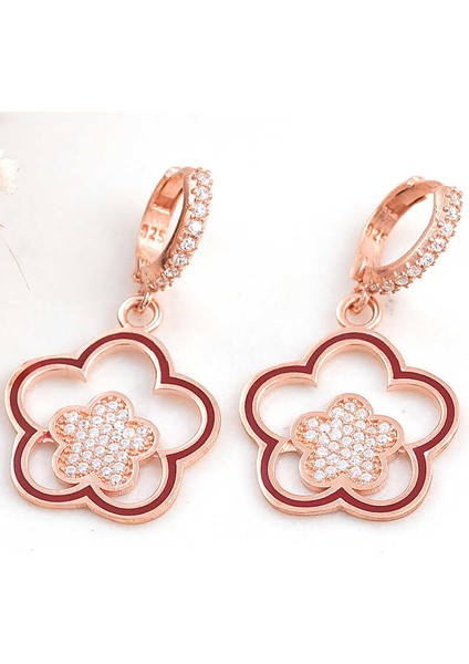 ​925 Ayar Gümüş Rose Sallantılı Çiçek Desenli Kadın Küpe