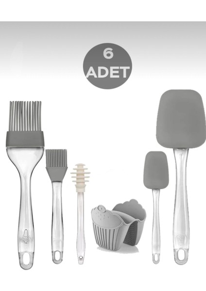 6 Adet Gri Silikon Spatula Tepsi Tutacağı Yağ Fırçası Seti