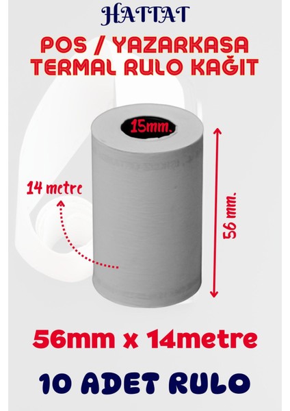 10 Adet Rulo 56mmx14m Pos Ve Yazar Kasa Termal Rulo Yüksek Kaliteli Dayanıklı Tam Metraj Net Baskı
