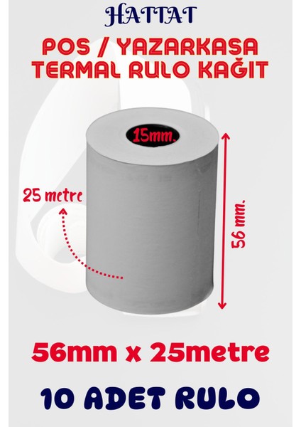 10 Adet Rulo 56mmx25m Pos Ve Yazar Kasa Termal Rulo Yüksek Kaliteli Dayanıklı Tam Metraj Net Baskı