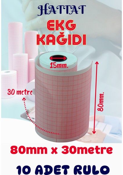 10 Adet Rulo Ekg Ecg 80mmx30metre Tam Metrajlı Yüksek Kaliteli Hassas Karelajlı Rulo Termal Kağıt