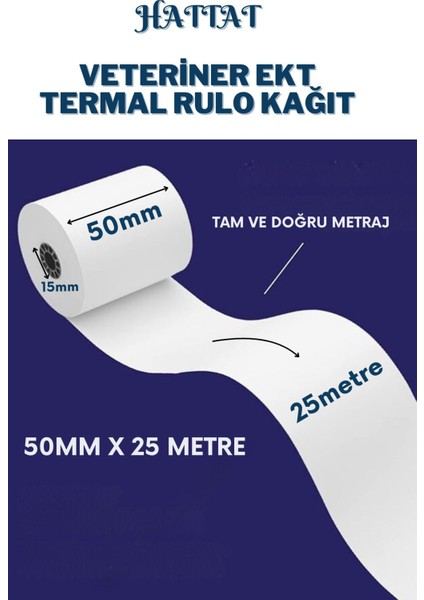 10 Rulo Veteriner Ekg 50mmx25metre Tam Metrajlı Yüksek Kaliteli Düz Rulo Termal Kağıt