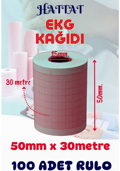 100 Adet Rulo Ekg Ecg 50mmx30metre Tam Metrajlı Yüksek Kaliteli Hassas Karelajlı Rulo Termal Kağıt