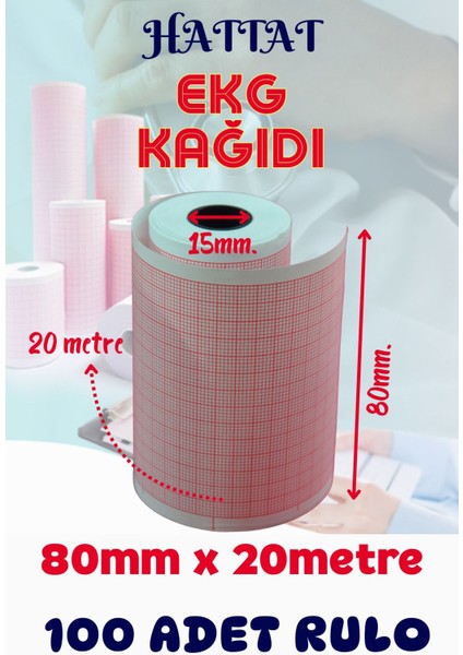 100 Adet Rulo Ekg Ecg 80mmx20metre Tam Metrajlı Yüksek Kaliteli Hassas Karelajlı Rulo Termal Kağıt