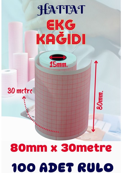 100 Adet Rulo Ekg Ecg 80mmx30metre Tam Metrajlı Yüksek Kaliteli Hassas Karelajlı Rulo Termal Kağıt