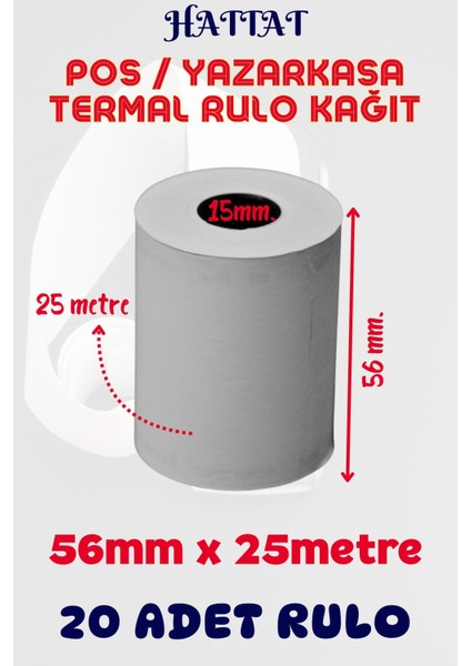 20 Adet Rulo 56mmx25m Pos Ve Yazar Kasa Termal Rulo Yüksek Kaliteli Dayanıklı Tam Metraj Net Baskı