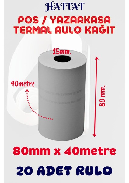 20 Adet Rulo 80mmx40m Pos Ve Yazar Kasa Termal Rulo Yüksek Kaliteli Dayanıklı Tam Metraj Net Baskı