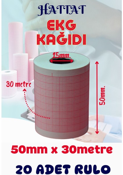 20 Adet Rulo Ekg Ecg 50mmx30metre Tam Metrajlı Yüksek Kaliteli Hassas Karelajlı Rulo Termal Kağıt