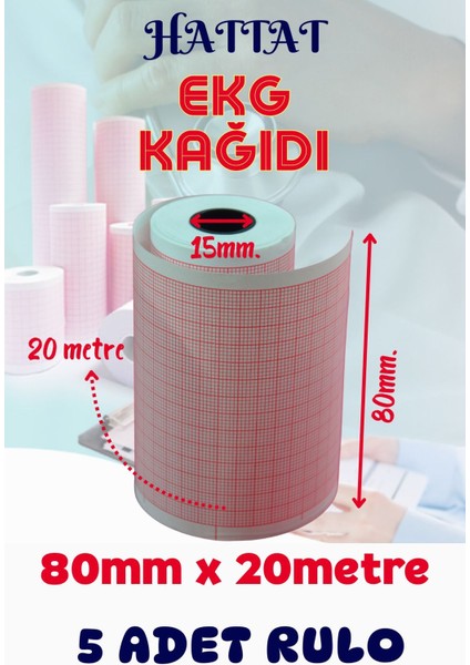 5 Adet Rulo Ekg Ecg 80mmx20metre Tam Metrajlı Yüksek Kaliteli Hassas Karelajlı Rulo Termal Kağıt