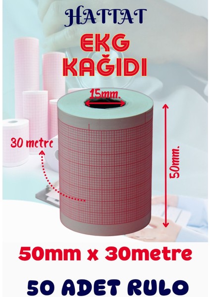 50 Adet Rulo Ekg Ecg 50mmx30metre Tam Metrajlı Yüksek Kaliteli Hassas Karelajlı Rulo Termal Kağıt