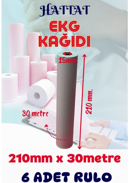 6 Adet Rulo Ekg Ecg 210mmx30metre Tam Metrajlı Yüksek Kaliteli Hassas Karelajlı Rulo Termal Kağıt