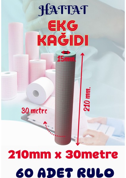 60 Adet Rulo Ekg Ecg 210mmx30metre Tam Metrajlı Yüksek Kaliteli Hassas Karelajlı Rulo Termal Kağıt