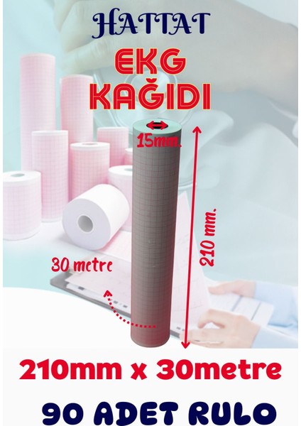 90 Adet Rulo Ekg Ecg 210mmx30metre Tam Metrajlı Yüksek Kaliteli Hassas Karelajlı Rulo Termal Kağıt