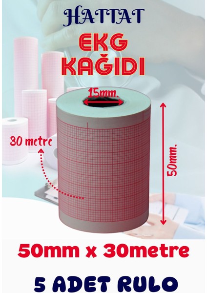 5 Adet Rulo Ekg Ecg 50MMX30METRE Tam Metrajlı Yüksek Kaliteli Hassas Karelajlı Rulo Termal Kağıt