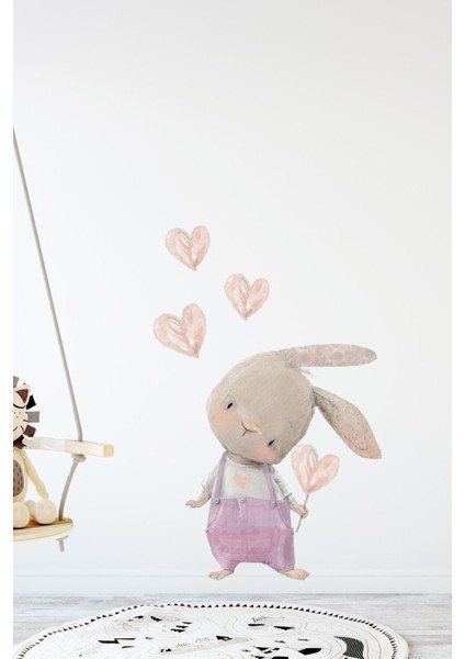 Sevimli Kalpli Tavşan Pembe Tulumlu Renkli Duvar Sticker Seti, neşe ve sevgi dolu dekorasyon!