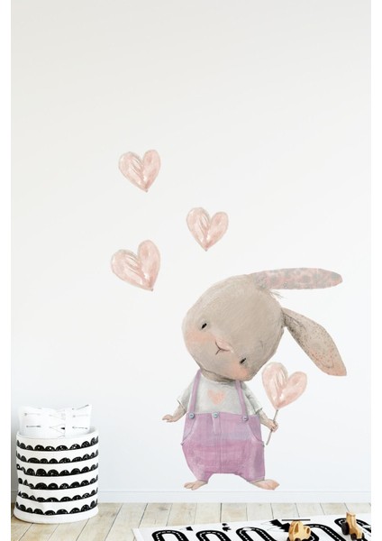 Sevimli Kalpli Tavşan Pembe Tulumlu Renkli Duvar Sticker Seti, neşe ve sevgi dolu dekorasyon! fiyatları