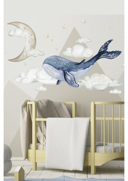Mavi balina ve bulutlar temalı duvar dekor seti, çocuk odasına neşe katacak. fiyatları