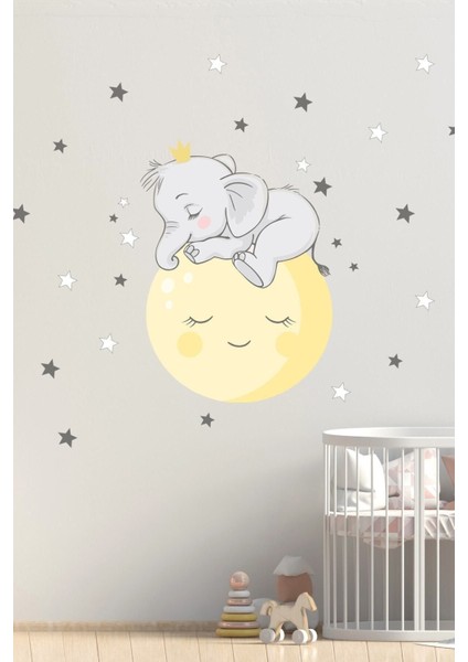 Renkli Fil ve Ay Duvar Sticker Seti, Çocuk Odası Dekorasyonu, Eğlenceli ve Sevimli Tasarım