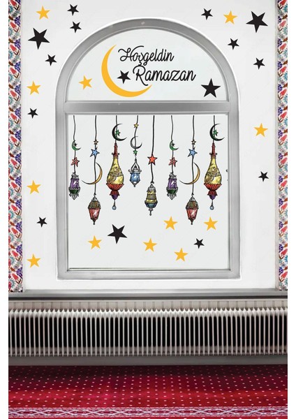 Hoşgeldin Ramazan Renkli Fener Sarkıt Cam Duvar Dekorasyon Sticker Seti modelleri