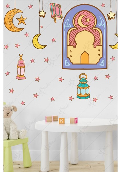 Ramazan Fener Ay Yıldızlar Cam Duvar Dekorasyon Sticker Seti Ramazan Süsü Ramazan Süslemesi
