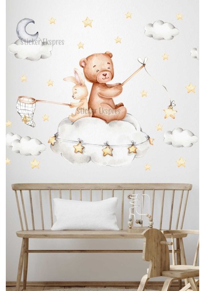 Renkli Çocuk Odası Duvar Sticker Seti, Sevimli Ayıcık ve Tavşan Temalı Dekorasyon