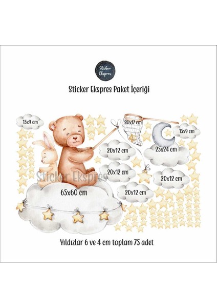Renkli Çocuk Odası Duvar Sticker Seti, Sevimli Ayıcık ve Tavşan Temalı Dekorasyon fiyatları
