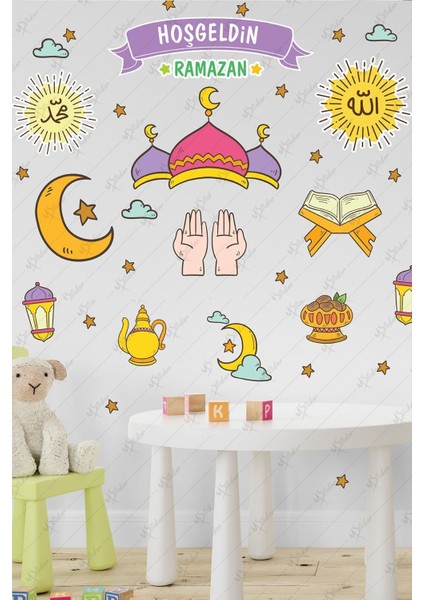 Ramazan temalı cam duvar dekoru, ay ve fener figürleri, 5+ parça, çok renkli, şık sticker seti