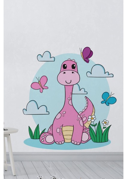 Pembe Sevimli Oturan Dinazor Dekoratif Bebek Çocuk Odası Duvar Dekorasyon Sticker