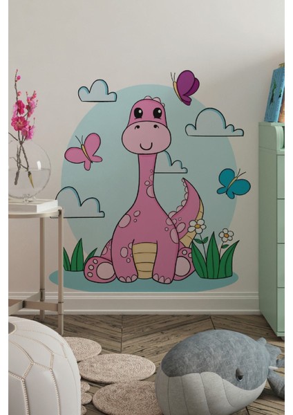 Pembe Sevimli Oturan Dinazor Dekoratif Bebek Çocuk Odası Duvar Dekorasyon Sticker fiyatları