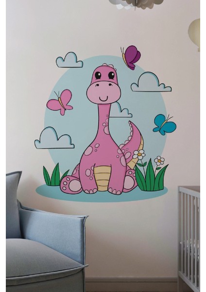 Pembe Sevimli Oturan Dinazor Dekoratif Bebek Çocuk Odası Duvar Dekorasyon Sticker modelleri