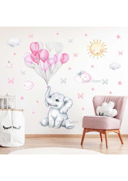 Pembe Gri Balonları Tutan Sevimli Fil Çocuk Odası Duvar Sticker Seti