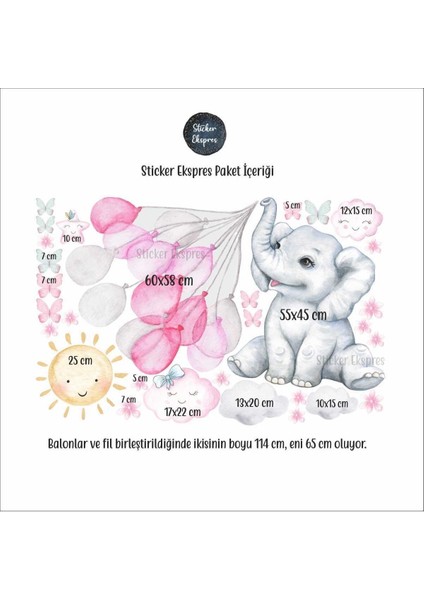 Pembe Gri Balonları Tutan Sevimli Fil Çocuk Odası Duvar Sticker Seti fiyatları