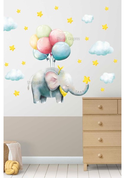 Renkli Balonlu Uçan Fil Duvar Süsü Seti, Çocuk Odası Dekorasyonu, 5+ Parça