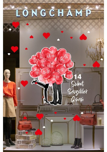 Renkli Balonlar ve Kalplerli Stickerlar, Oda ve Vitrin Dekoru, 70cm, 5+ Parça