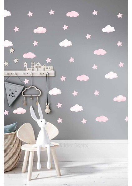 Toz pembe suluboya bulutlar ve yıldızlar çocuk odası duvar sticker seti, 5+ parça, çok renkli