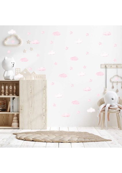 Toz pembe suluboya bulutlar ve yıldızlar çocuk odası duvar sticker seti, 5+ parça, çok renkli fiyatları