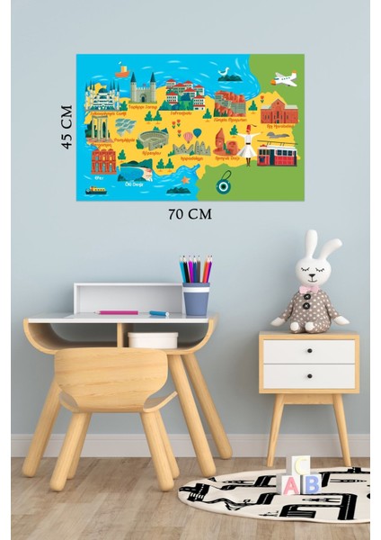 Çocuk odası için renkli Türkiye haritası duvar stickerı, eğitici ve dekoratif ürün