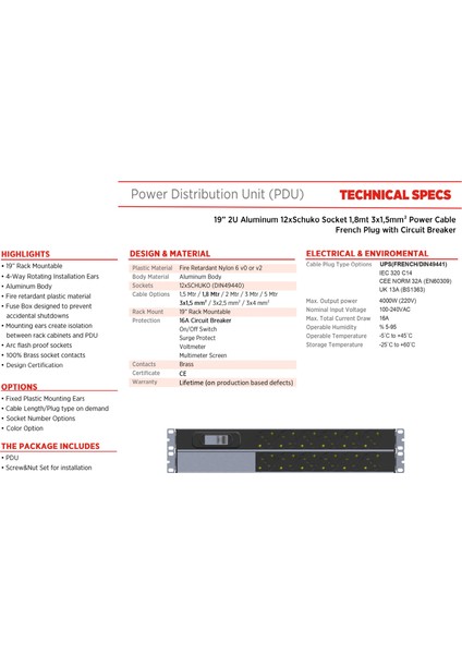 19" 12'li Schuko 1,8 mt Kablolu Kabinet Grup Prizi (PDU)-16A Sigortalı