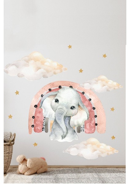 Pastel renkli çocuk odası duvar sticker seti, fil, gökkuşağı, bulut ve yıldız tasarımı