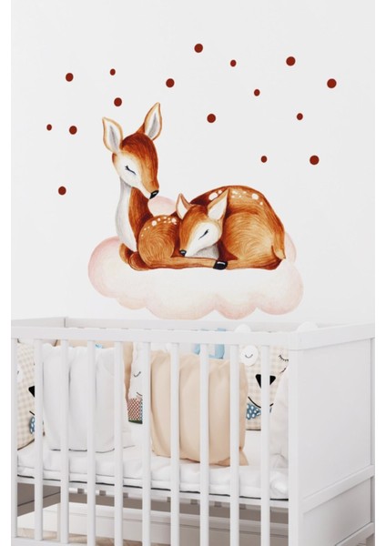 Sevimli Geyik Anne ve Yavru Duvar Sticker, Renkli Bebek ve Çocuk Odası Dekoru