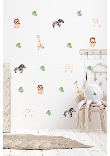 Renkli hayvan ve yapraklar çocuk odası duvar sticker seti, eğlenceli dekorasyon